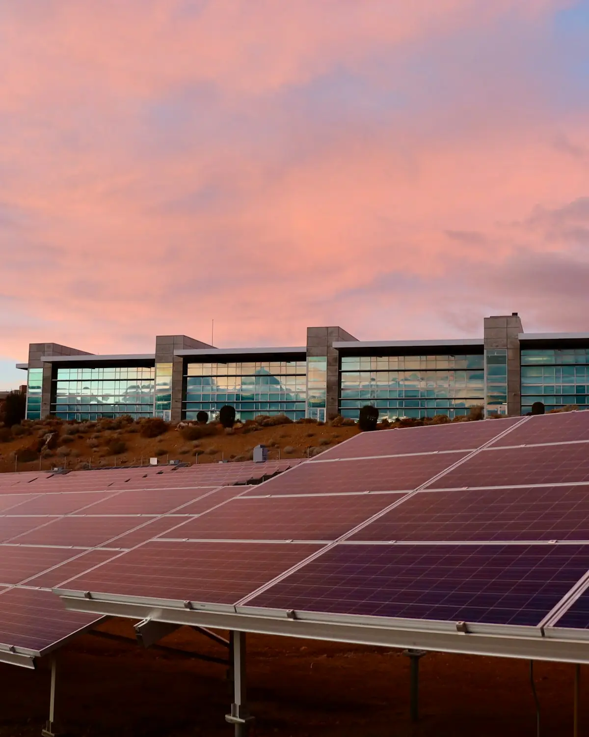 Commercial solar installation at sunset